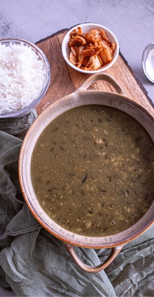 kalo dal recipe - served with rice and kimchi
